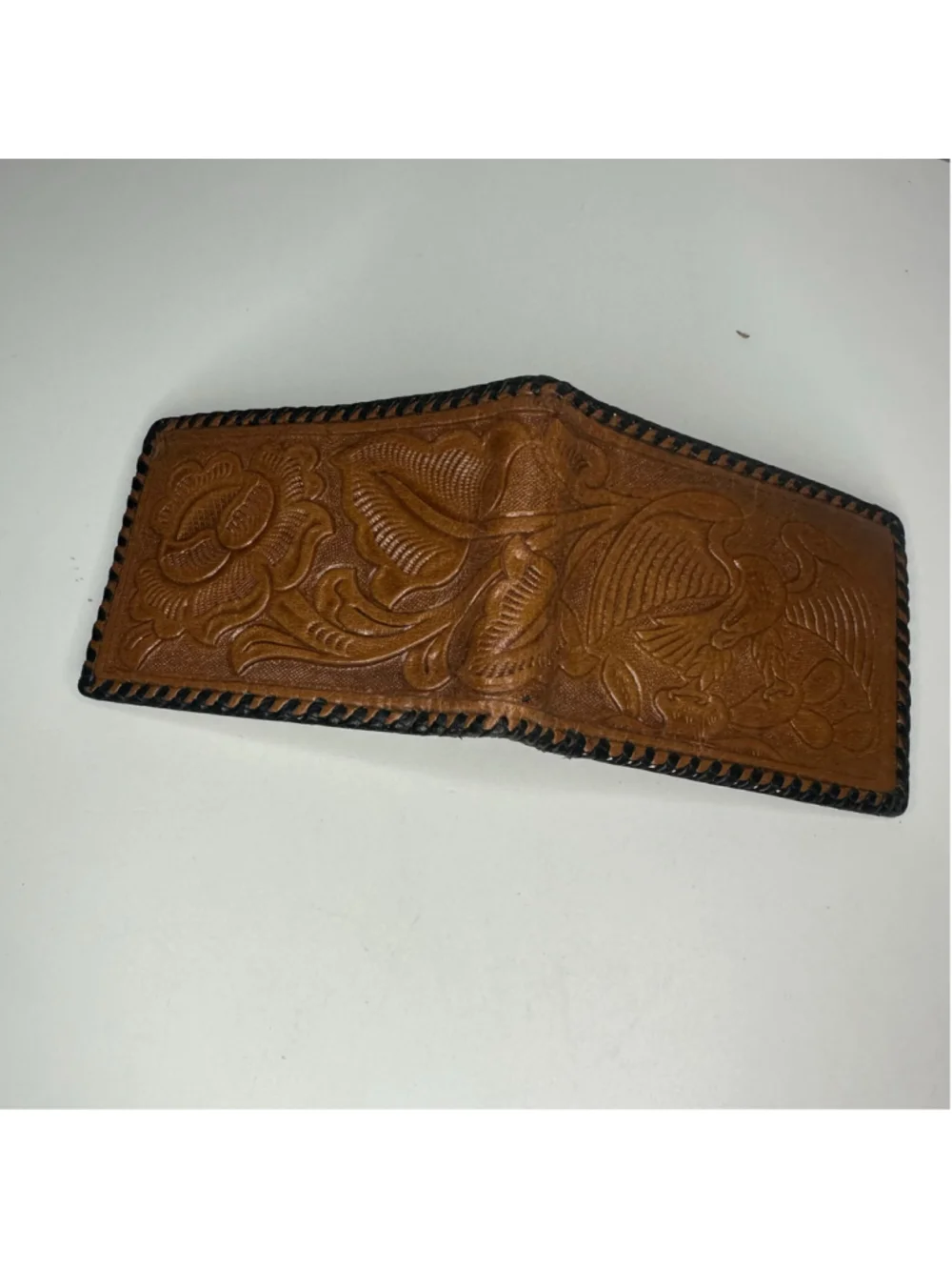 Vintage New Men's Brown Tooled Leather Wallet with Floral & Eagle Bird Design